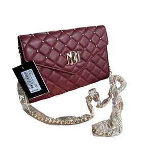Badgley Mischka Wine Quilted Crossbody Clutch Gold Studs Chain Strap NWT